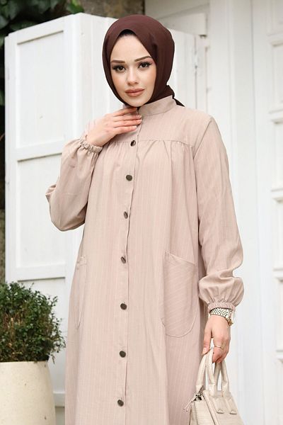 Tesettür Dünyası Ferace mit Robe und geknöpfter Tasche Tsd240227 Beige