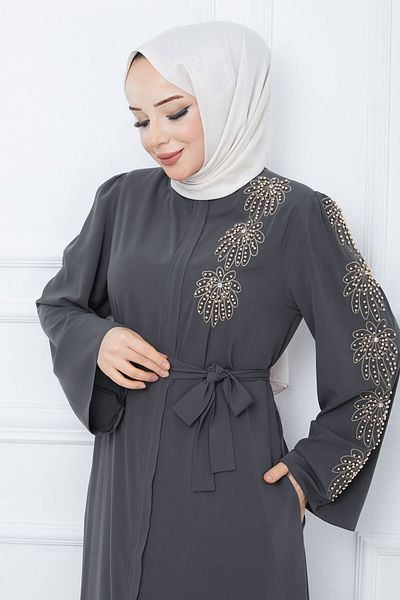 Tesettür Dünyası Rukojeť Bead Embroidered Belted Hijab Ferace TSD240203 Antracit