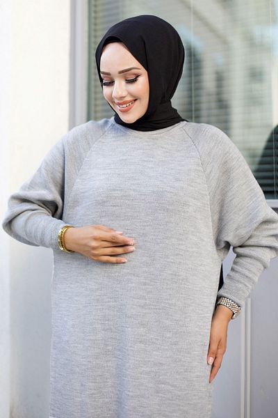 Tesettür Dünyası Gray Raglan Sleeve Knitwear Dress - TSD 240725