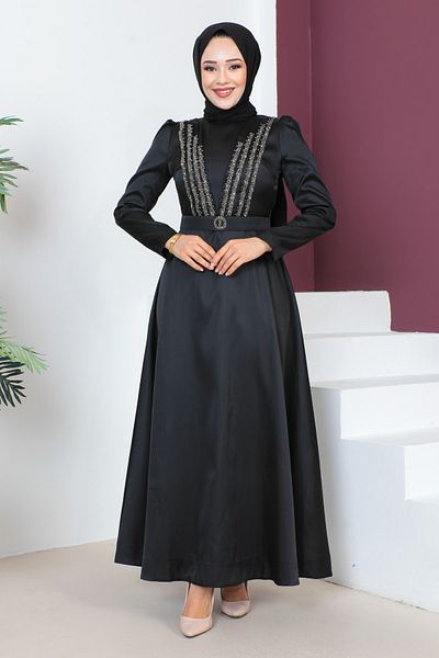 Tesettür Dünyası Abendkleid mit Gürteldetail TSD230636 Schwarz