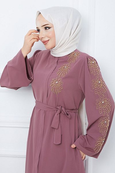 Tesettür Dünyası Griff Perlen Bestickt Gürtel Hijab Ferace TSD240203 Getrocknete Rose