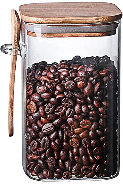 AKDC 1000ML Rectangular Glass Storage Jar with Wooden Lid & Spoon – Airtight Borosilicate Canister