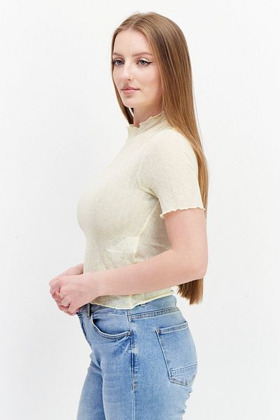 PIECES Women Mock Neck Short Sleeve Textured Top, Yellow