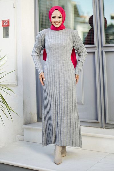 Tesettür Dünyası Gray Corded Crew Neck Knitwear Dress - TSD 240804