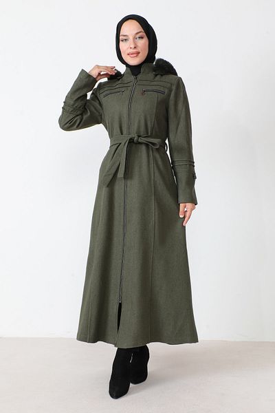 Tesettür Dünyası Langer Mantel mit Reißverschluss und Ziertaschen TSD230810 Khaki