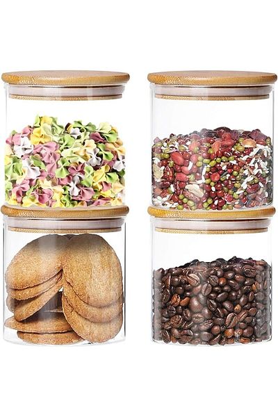AKDC Set of 4 Mini Round Glass Jars (500ML) with Bamboo Airtight Lids for Kitchen Storage