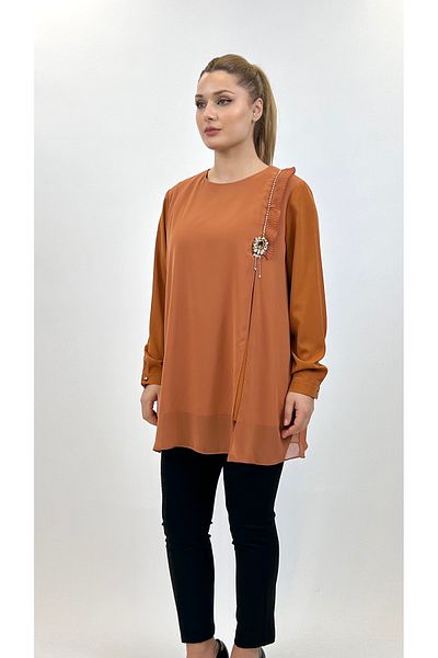 Ayda Triko Zero Collar Crepe and Chiffon Pleat - Stone Embellished Plus Size Blouse