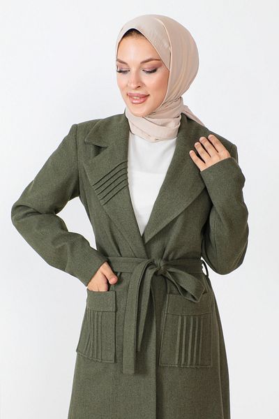 Tesettür Dünyası Cashew-Mantel mit Taillengürtel TSD230804 Khaki