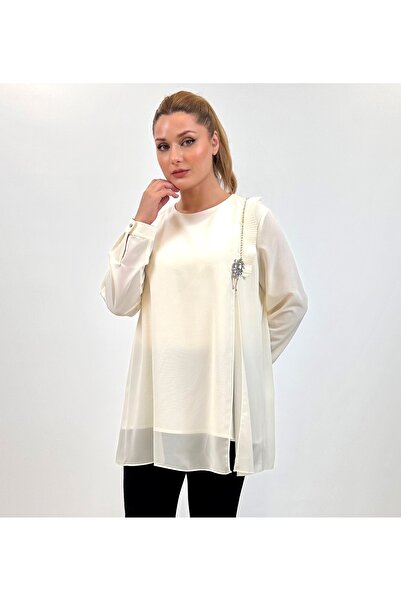 Ayda Triko Zero Collar Crepe and Chiffon Pleat - Stone Embellished Plus Size Blouse