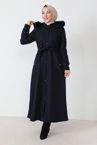 Tesettür Dünyası Detailní kožený kašmírový kabát po celé délce TSD230811 Navy Blue