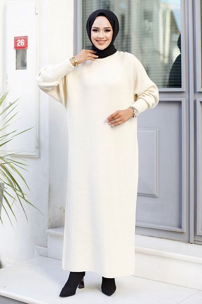 Tesettür Dünyası Beiges Strickkleid mit Raglanärmeln - TSD 240725