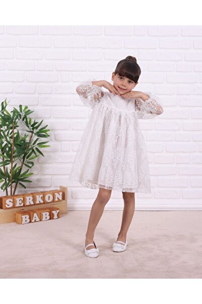 Minigimin Cicileri Бяла рокля за момиче - с дантелен детайл за мъничето ми, с памучна подплата