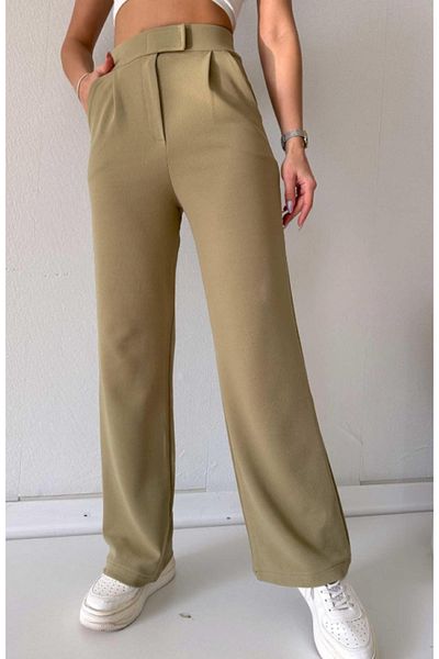VivaJoy Women's Oil Green Velcro Closure Comfortable Palazzo Lycra Stretchy Elastic Waist Pants High Waist