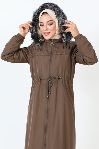 Tesettür Dünyası Full Length Coat with Snap Front TSD231012 Brown
