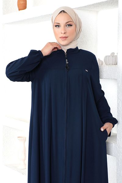 Tesettür Dünyası Hidžáb Abaya s elastickými rukávy Tsd230334 Navy Blue