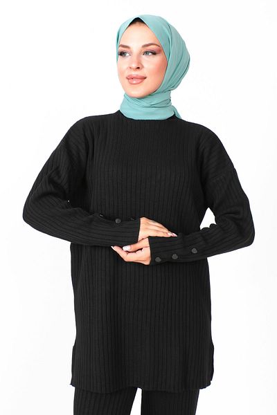 Tesettür Dünyası Buttoned Sleeve Knitwear Suit TSD230801 Black