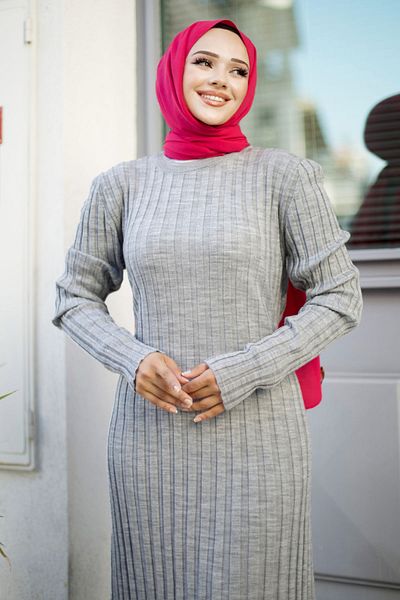 Tesettür Dünyası Gray Corded Crew Neck Knitwear Dress - TSD 240804