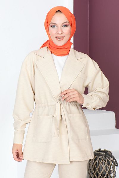 Tesettür Dünyası Doppelter Anzug mit Bindegürtel TSD230708 Beige
