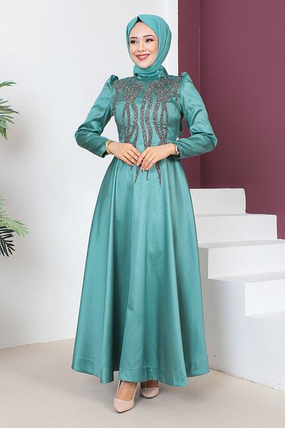 Tesettür Dünyası Abendkleid mit Paillettendetail auf der Vorderseite TSD230634 Mintgrün
