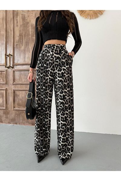 BİKELİFE Damen-Lila-Palazzo-Hose mit weitem Bein aus Lycra-Stoff mit Leopardenmuster