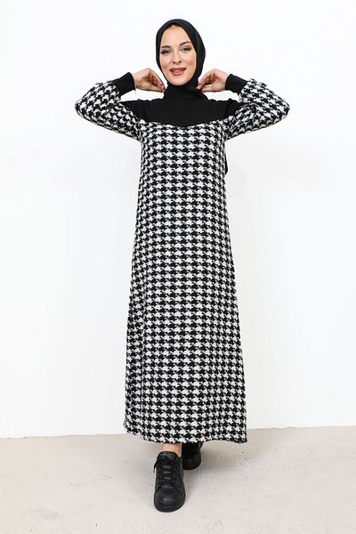 Tesettür Dünyası Kleid mit Hahnentrittmuster TSD231102 Weiß
