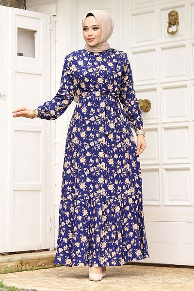 Tesettür Dünyası Indigo TSD240251 - Virágmintás ruha derékövvel és Flounce-val