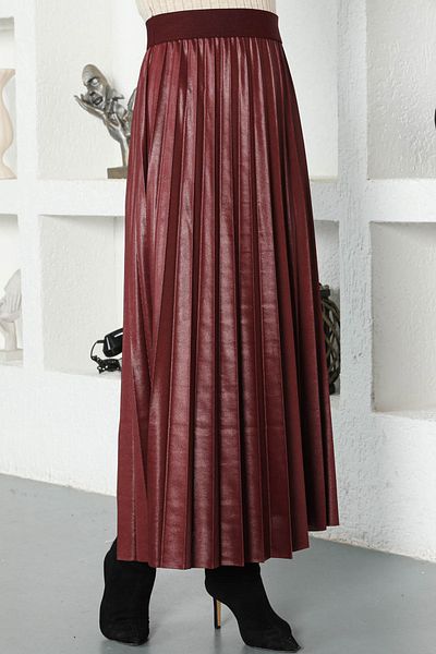 Tesettür Dünyası Δερμάτινη όψη πλισέ φούστα Tsd221001 Claret Red