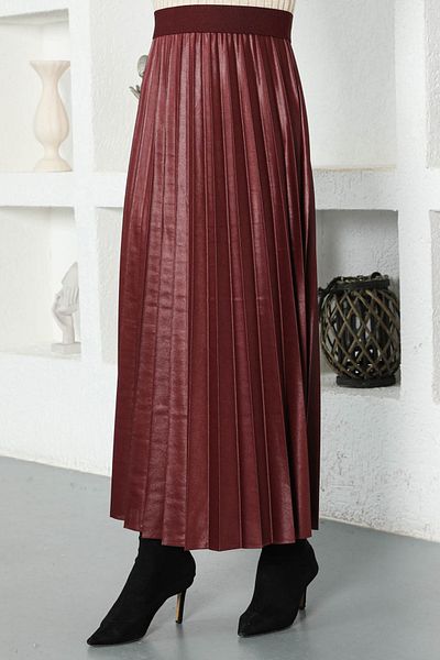 Tesettür Dünyası Δερμάτινη όψη πλισέ φούστα Tsd221001 Claret Red
