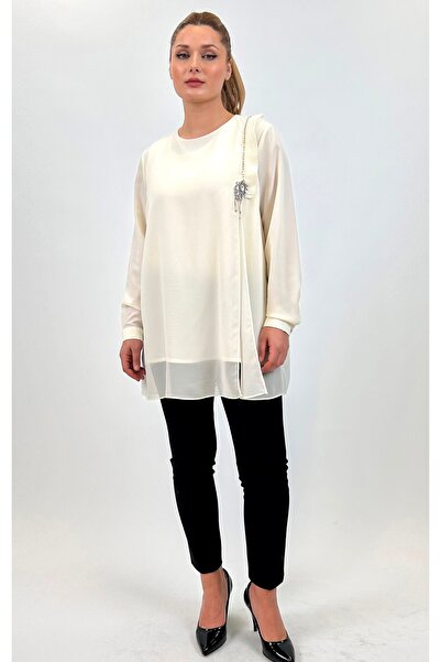 Ayda Triko Zero Collar Crepe and Chiffon Pleat - Stone Embellished Plus Size Blouse