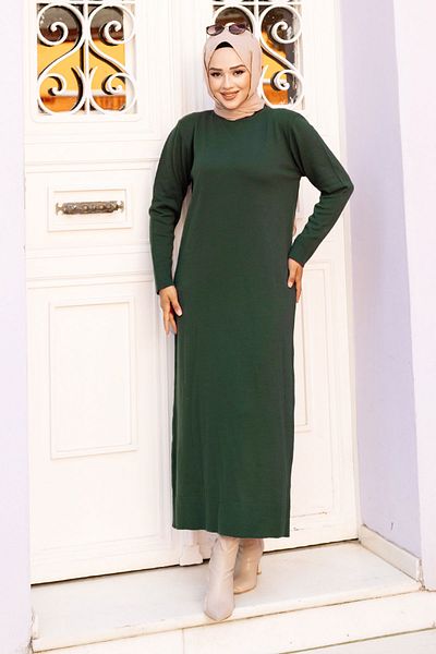 Tesettür Dünyası Smaragdgrünes Strickkleid mit Rundhalsausschnitt - TSD 240720