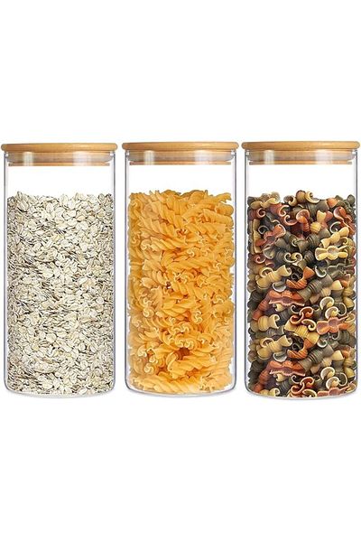 AKDC Set of 3 Glass Jars with Bamboo Lids, Airtight Storage for Pasta, Tea, Snacks (1500ML)