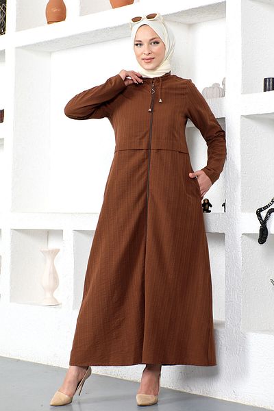 Tesettür Dünyası Abaya Tsd230204 Καφέ με φερμουάρ