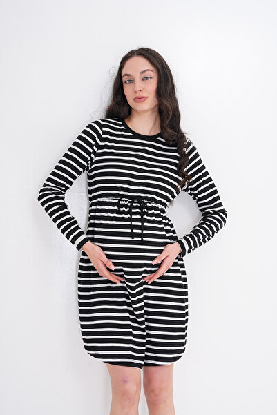 MEGHAN L.A Siyah-beyaz Hamile Elbise Çizgili Önü Bağlamalı Yumuşak Viskon Kumaş