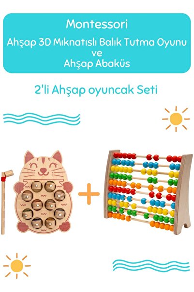 Hopiers Montessori 3 Boyutlu Ahşap  Balık Tutma Oyunu + Montessori Renkli Ahş...