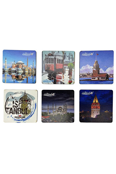MEVLANA BAZAAR Istanbul Patterned Wooden Cup, Coaster and Square Coffee Base