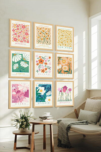 ARTCASTLE Set de 9 tablouri din MDF cu aspect de cadru Flower Market