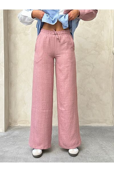 Miss Allos Women's Lace Detailed High Waist Linen Pants with Elastic Waist and Double Pockets