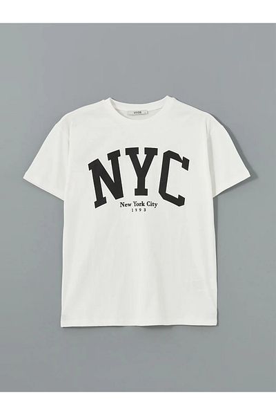 LC Waikiki Γυναικείο μπλουζάκι XSIDE Ecru Crew Neck New York με στάμπα