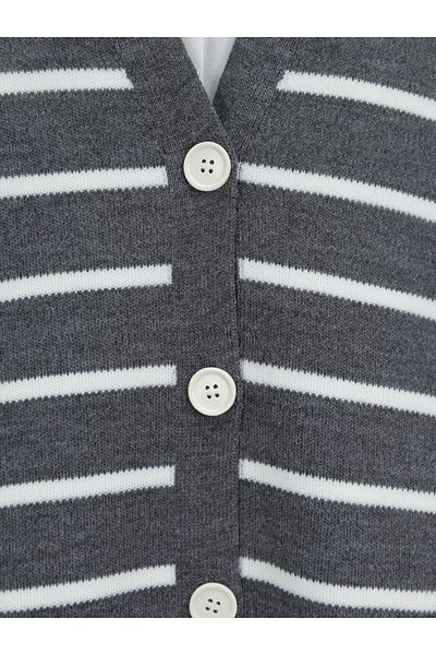 Modamorfo Smoked V-Neck Striped Knitwear Cardigan - Buttoned
