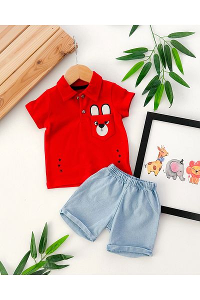 hümabebe Summer 2-Piece Set with Angry Puppy Shirt Collar Knitted Denim Fabric Shorts