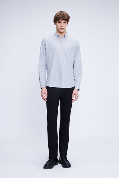Hatemoğlu Γκρι Slim Fit Μακρυμάνικο Πουκάμισο Φανελένιο γιακά με Κουμπιά