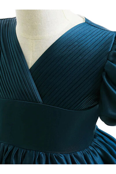 Tomac Saten Puf Kısa Kollu V Yaka Pileli Kız Çocuk Abiye  Elbise