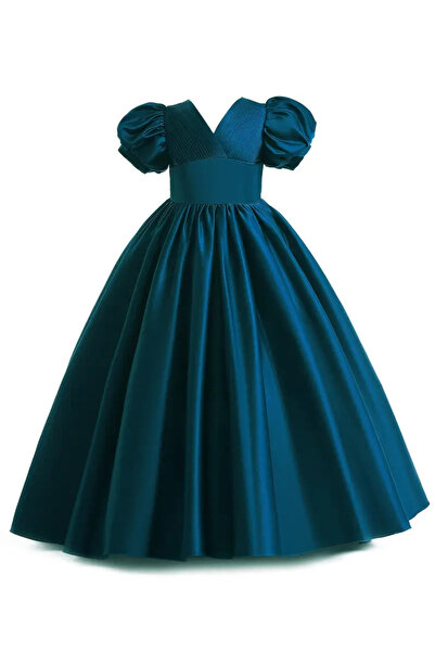 Tomac Saten Puf Kısa Kollu V Yaka Pileli Kız Çocuk Abiye  Elbise