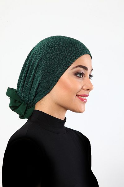 fidan bone Πράσινο έτοιμο καπό Hijab τουρμπάνι με τούλι μπροκάρ