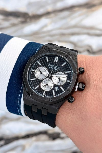 Ferrucci Black Silicone Cord Steel Case Function Men's Wristwatch Bracelet Zmfer077