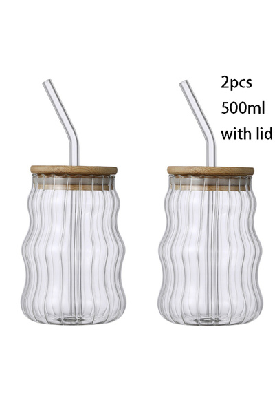 Choice 500 مل شريطية قطعتان 1/2 قطعة 500 مل أكواب زجاجية مع قشة برطمان ماسون ...