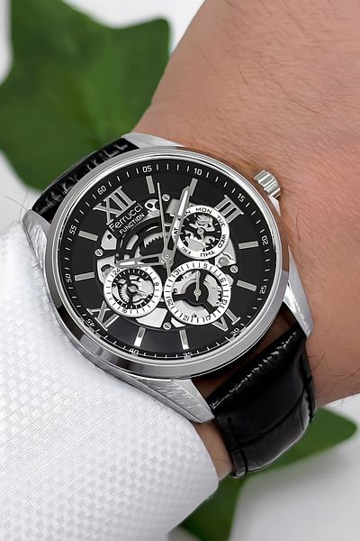 Ferrucci Function Leather Cord Men's Wristwatch - 3 Atm Bracelet Black-Silver Zmfer166