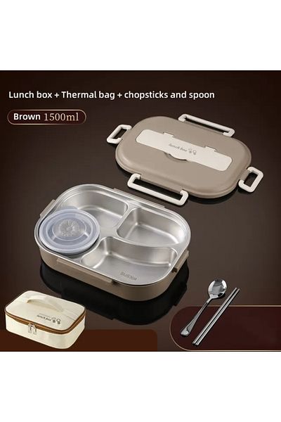 Choice 1500ml Brown 304 Stainless Steel Compartment Insulated Lunch Box Office Worker Students Sealed Porta