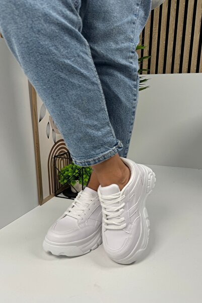 İmerShoes Білі кросівки на високій підошві з білою смужкою і шнурівкою - повсякденне жіноче спортивне взуття 032