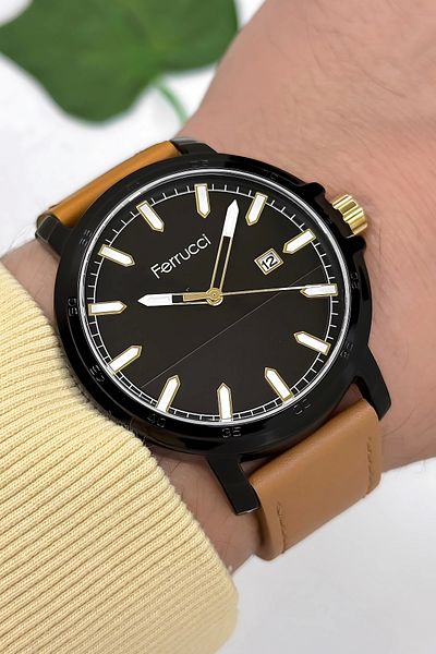 Ferrucci Men's Wrist Watch - Leather Band with Calendar, 3 Atm Water Resistant, Tan Zmfer164